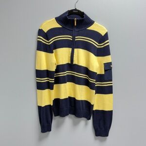 Vintage Liz & Co Navy Yellow Striped Quarter Zip Cotton Sweater Sz L Y2K Preppy